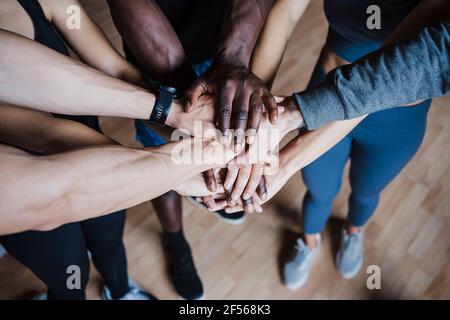 Multi-ethnic group of friends huddling while standing in gym Stock Photo