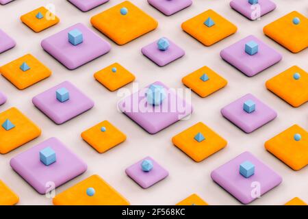 Blue pyramids, cubes and platonic icosahedrons on orange and violet background - Abstract 3D render Stock Photo