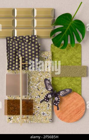 Three dimensional render of various interior design material samples ...