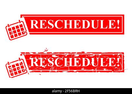 Rust Rectangle Vector Red Grunge Rubber Stamp Effect, Reschedule with Icon Calendar Isolated on White Stock Vector