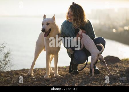 Smiling woman with Siberian Husky and Jack Russell Terrier sqautting against sky Stock Photo