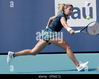 Miami Gardens, United States. 24th Mar, 2021. Zarina Diyas from Kazakhstani returns the ball to Venus Williams from the USA on the stadium court at the Miami Open in the Hard Rock Stadium in Miami Gardens, Florida on Tuesday, March 23, 2021. Diyas defeated Williams in a tie breaker 6-2, 7-6 (12-10) Photo by Gary I Rothstein/UPI Credit: UPI/Alamy Live News Stock Photo