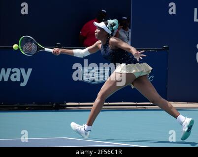 Miami Gardens, United States. 24th Mar, 2021. Venus Williams from the USA returns the ball to Zarina Diyas from Kazakhstan on the stadium court at the Miami Open in the Hard Rock Stadium in Miami Gardens, Florida onTuesday, March 23, 2021. Diyas defeated Williams in a tie breaker 6-2, 7-6 (12-10). Photo by Gary I Rothstein/UPI Credit: UPI/Alamy Live News Stock Photo