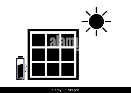 Black Vector Icon, Solar Panel at direct sun shine Stock Vector