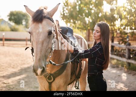 Pretty young caucasian woman in checked shirt grooming her brown cute horse, put saddle on horseback, smiling gently love pets, standing sunny summer Stock Photo