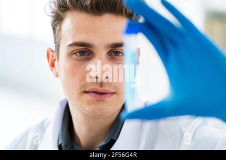 Male scientist examining liquid while holding test tube Stock Photo