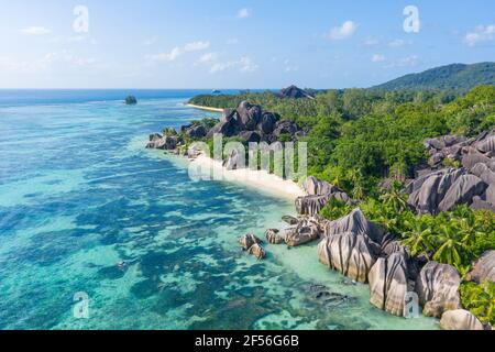 Drone view of Anse Source DArgent beach in summer Stock Photo