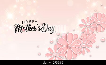 Happy mother's day calligraphy 3d illustration on pink gradient background with pink flowers. Happy Mother's day text on pink background. Stock Photo