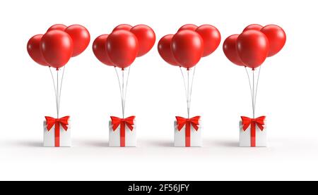 Holiday illustration of flying glossy red 3d balloon with gift box on white background. Stock Photo