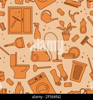 Vector Seamless pattern Illustration Cleaning Maid service Housekeeping Ironing Washing window Laundry Watering plant Mop Clean lavatory Professional Stock Vector