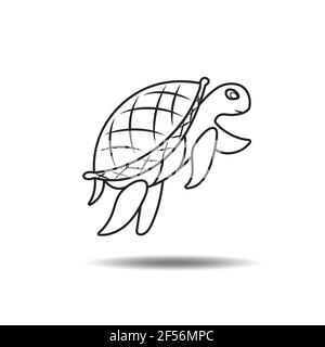 Black outline icon of a sea turtle. Vector design clipart illustration on white isolated background. Stock Vector