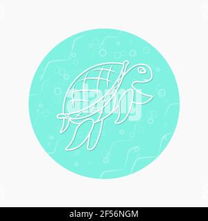 White contour of a sea turtle on the background of a turquoise circle. Bubbles, waves, sea water. Vector design clipart illustration. EPS 10 Stock Vector