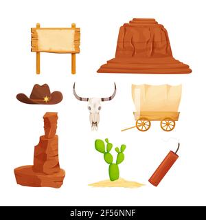Wild west, western collection in cartoon style isolated on white background. Retro wagon, scull, cowboy hat, sheriff star, Arizona dessert stone. . Ve Stock Vector