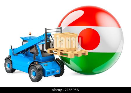 Niger flag with telescopic handler truck and parcel. Cargo shipping in Niger concept, 3D rendering isolated on white background Stock Photo