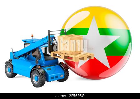 Myanmar flag with telescopic handler truck and parcel. Cargo shipping in Myanmar concept, 3D rendering isolated on white background Stock Photo