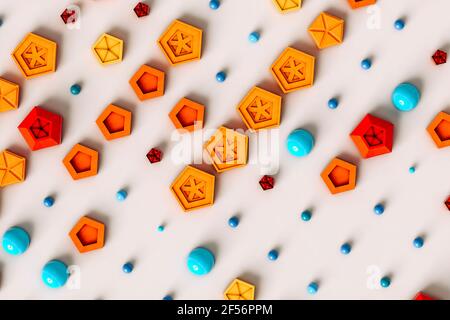 Pattern of colorful pentagons, spheres and hemispheres Stock Photo