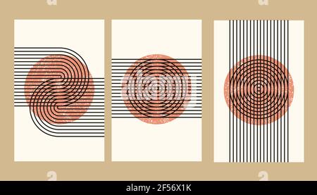 Abstract aesthetic boho textured background with arch and sun. Vector wall decor in terracota color. Mid century modern minimalist art design. Stock Vector