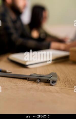 Carpentry work tool on desk in workshop Stock Photo