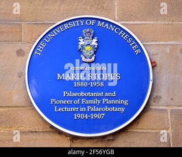 A blue commemorative plaque In Manchester, uk, to remember Marie Stopes, palaeobotanist and a graduate of the University of Manchester