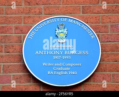 A blue commemorative plaque In Manchester, uk, to remember Anthony Burgess, famous author and a graduate of the University of Manchester
