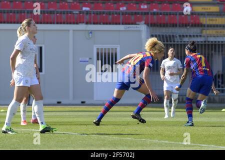 Monza, Italy. 24th Mar, 2021. Jenni Hermoso (#7 FC Barcelona) celebrates the third goal during the UEFA Womens Champions League quarterfinal match between FC Barcelona and Manchester City FC at U-Power Stadium in Monza, Italy Credit: SPP Sport Press Photo. /Alamy Live News Stock Photo