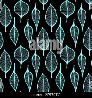 Hand drawn leafs pattern, seamless illustration with blue leaves on black background Stock Vector