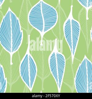 Hand drawn leafs pattern, seamless illustration with leaves on green background Stock Vector