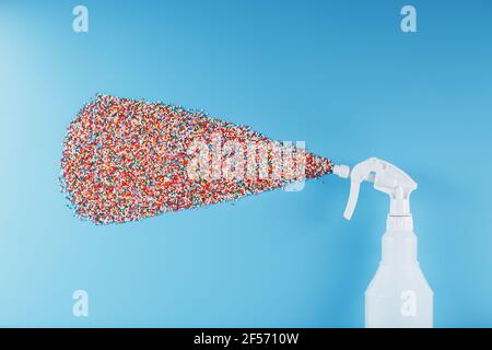 Multi-colored spray balls on a blue background with free space. Isolate, top view. Rainbow and custom splash concept Stock Photo