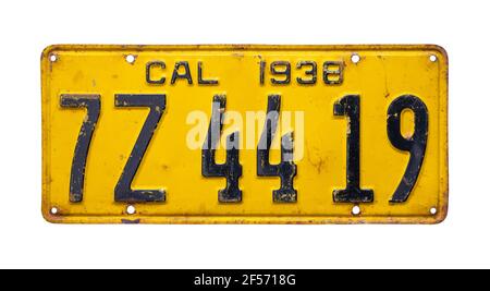 Rusty Old Yellow California 1938 License Plate Cut Out. Stock Photo