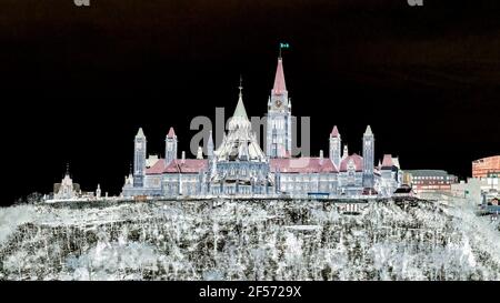 Photo of Canadian Parliament in winter with the colours inverted for effect Stock Photo