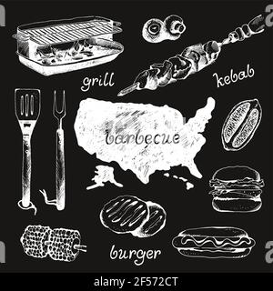 Set of bbq objects, sketch engraved style, vector illustration Stock Vector