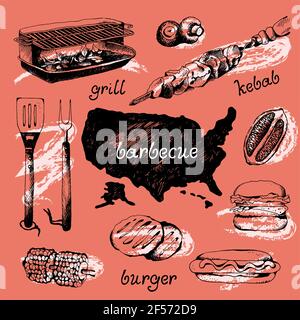 Set of bbq objects, sketch engraved style, vector illustration Stock Vector