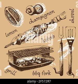 Set of bbq objects, sketch engraved style, vector illustration Stock Vector