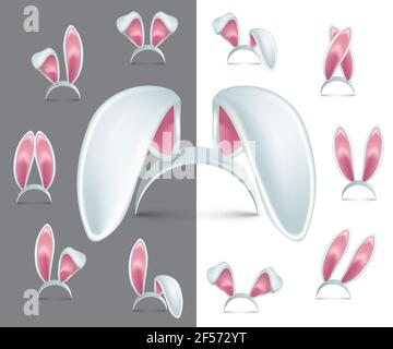 Easter bunny ears headband set. Rabbit costume mask vector illustration. Realistic cute furry party band for head on white and grey background. Carniv Stock Vector