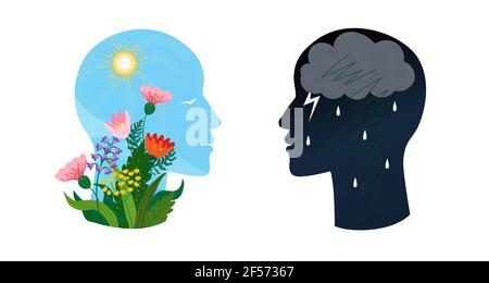 Psychotherapy or psychology support concept. Two heads with different states of consciousness mind - depression with thundercloud and rain and positiv