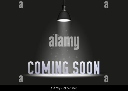 Coming soon text under spotlight. Mystery coming soon poster background. Night scene black backdrop with bright spotlight and calligraphy text. Vector Stock Vector
