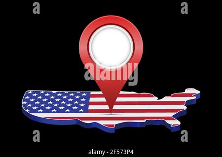 American map marker. Big red teardrop map pointer on the USA 3D map. Vector illustration isolated on black. Stock Vector