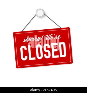 Sorry, we are closed. Hanging sign. Round door handle. Vector illustration isolated on white. Stock Vector