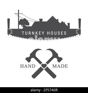 Turnkey houses. Village, cottage. Hand made. Skilled builders, made with love label. Vector illustration isolated on white. Stock Vector