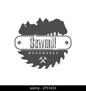 A circular saw. Sawmill. Carpentry emblem. Vector illustration isolated on white. Stock Vector