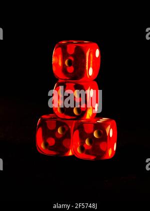 Creative background, roulette, gaming dice, cards, casino chips on a dark background. The concept of gambling, casino, winnings, Vegas Games Backgroun Stock Photo