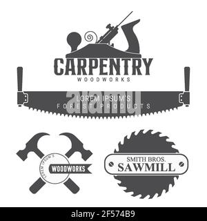 Carpentry, woodworks and sawmill emblem. Planer, two-handed saw, hammers. Vector illustration isolated on white. Stock Vector