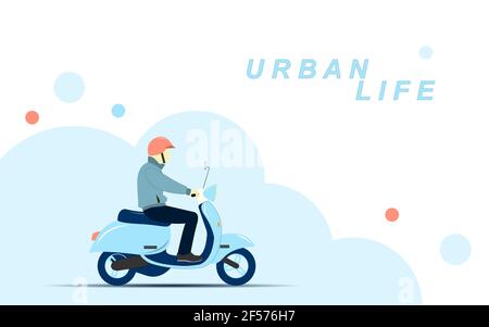 Man on a blue sarino scooter in the city. City life. Vector flat illustration. Stock Vector