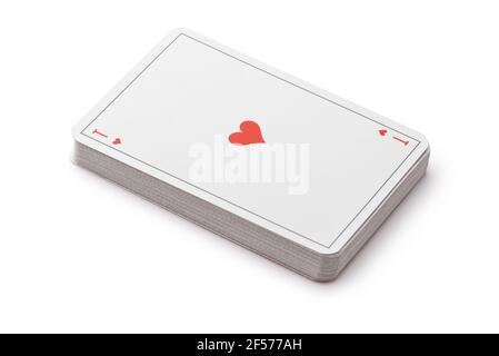 Deck of playing cards with ace of hearts on top isolated on white Stock Photo