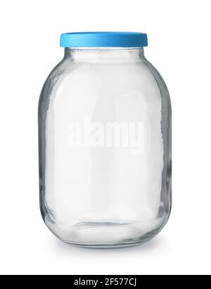 Front view of big empty glass jar with blue lid isolated on white Stock Photo