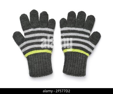 Top view of two warm woolen knitted gloves isolated on white Stock Photo