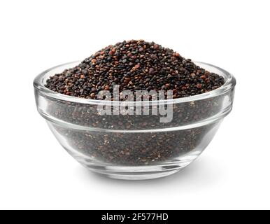 Glass bowl of black quinoa seeds isolated on white Stock Photo