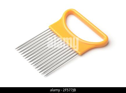 Orange onion and vegetable cutting fork holder isolated on white Stock Photo