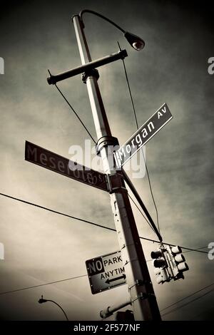 Morgan Avenue Street light with traffic light and Morgan Avenue street sign in Brooklyn, New York City, USA.  Strong graphic vertical photograph. Stock Photo