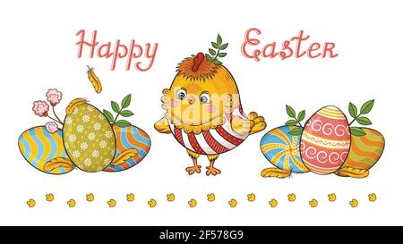 Easter holiday. Funny yellow chick and colored eggs with ornament.  Newborn  little rooster chicken. Decorating eggshell. Spring greeting card. Vector Stock Vector